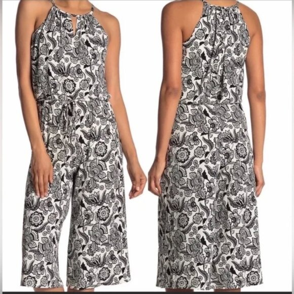 London Times Women’s Jumpsuit Keyhole Halter Black & White Floral Wide Leg Sz 6 - Picture 12 of 13